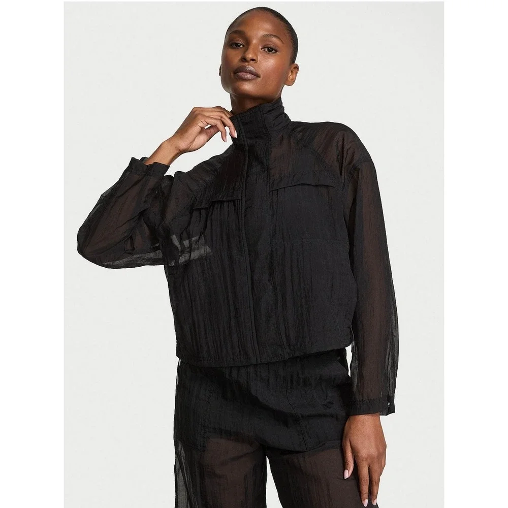 VSX Victoria's Secret Black Sheer Ripstop‎ Windbreaker Cropped Jacket Medium NEW